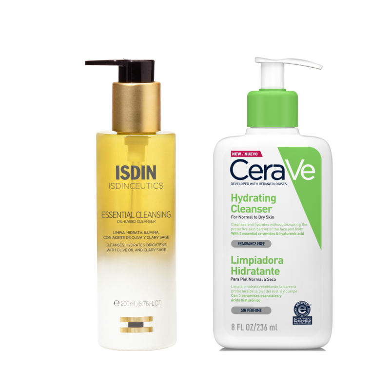 Rutina Doble Limpieza Pieles Secas Isdin Aceite Essential Cleansing y Cerave Limpiador Hidratante 236 ml