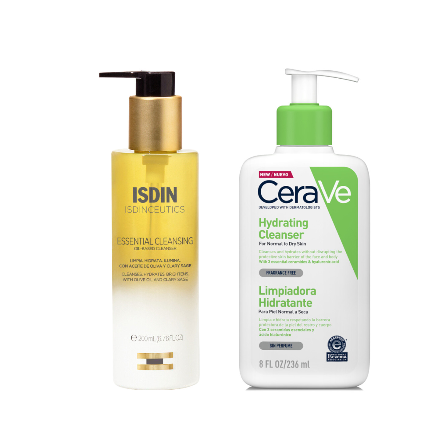 Rutina Doble Limpieza Pieles Secas Isdin Aceite Essential Cleansing y Cerave Limpiador Hidratante 236 ml