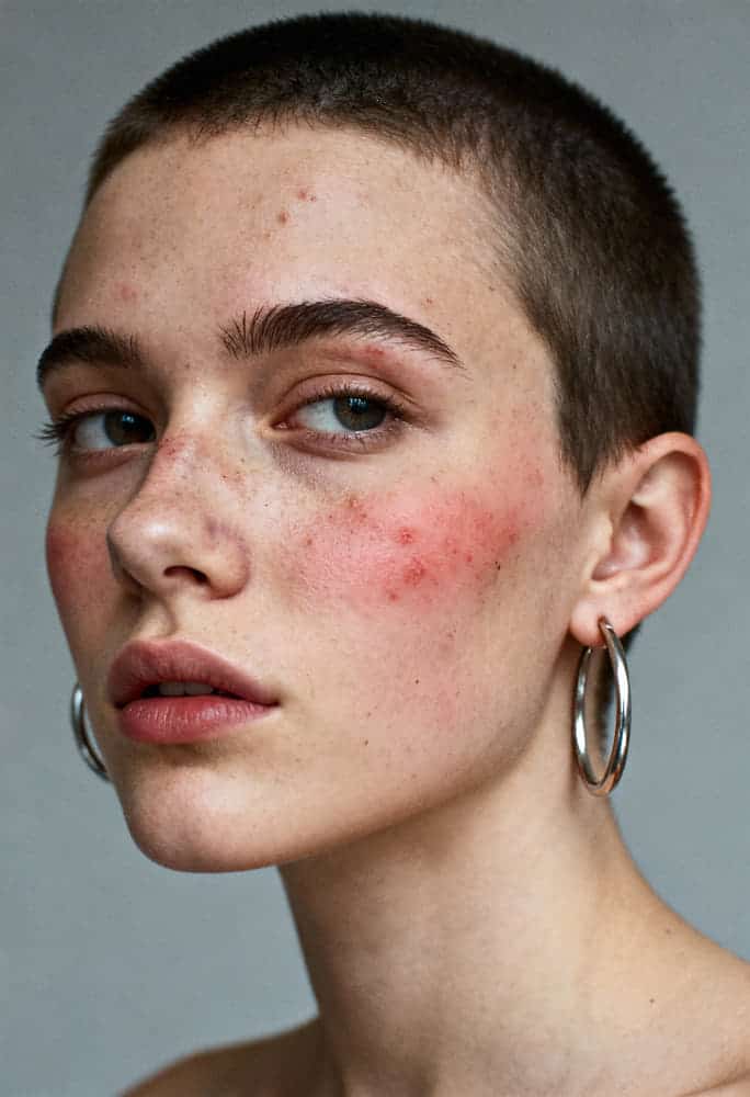 Mujer con acné por rosácea. Rojeces y granos