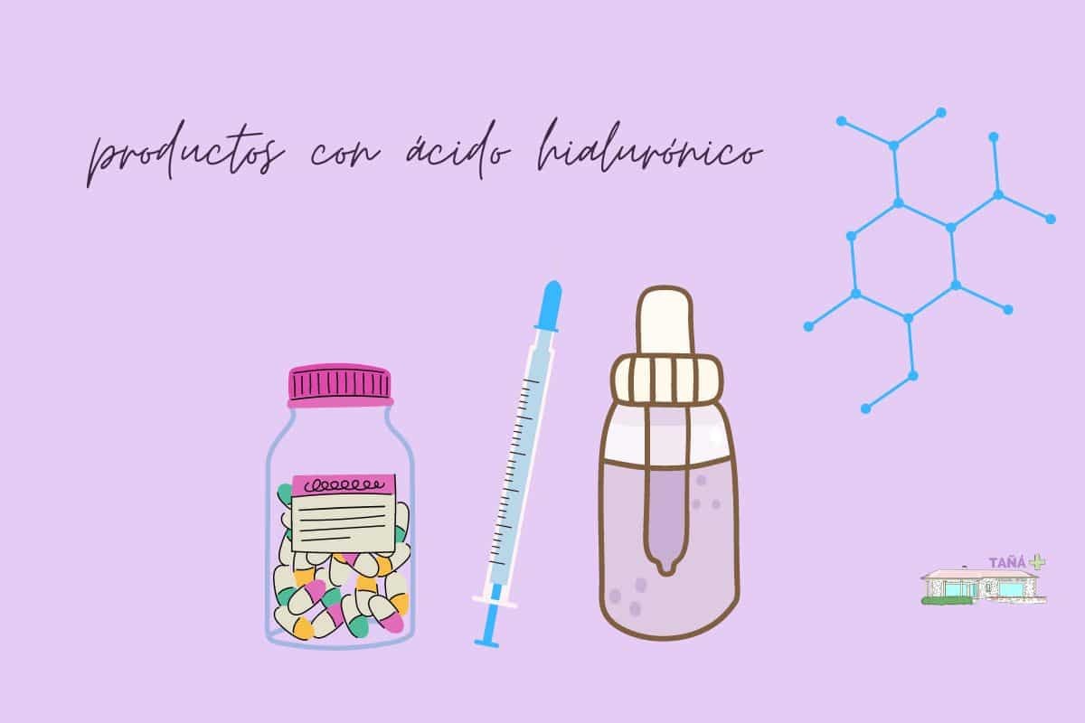 Ilustración de productos con ácido hialurónico: cápsulas, inyectable y sérum